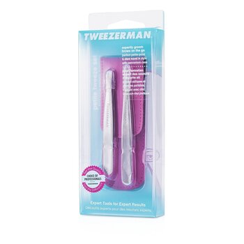 Tweezerman 小巧鑷子套裝：斜鑷子+尖頭鑷子-（帶粉紅色保護套） (Petite Tweeze Set: Slant Tweezer + Point Tweezer - (With Pink Case))