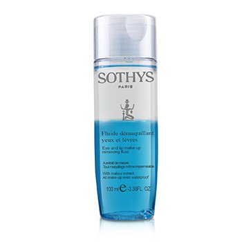 Sothys 用錦葵提取物去除眼部和唇部油脂，使所有成分均勻防水。 (Eye And Lip Make Up Removing Fluid With Mallow Extract - For All Make Up Even Waterproof)