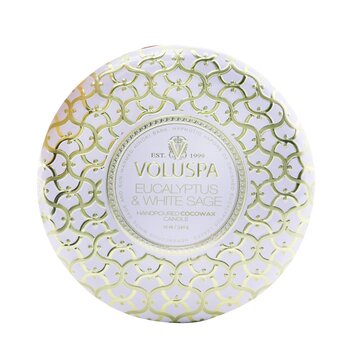 Voluspa 3 芯裝飾錫蠟燭 - 桉樹和白鼠尾草 (3 Wick Decorative Tin Candle - Eucalyptus & White Sage)