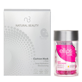 Ellips Ellips 維他命護髮膠囊(染髮修護) 50capsules x1ml X Natural Beauty r-PGA 超效保濕爆水氣墊面膜 (有效日期: 01/2026) 6x 20ml (Ellips Hair Vitamin Oil - Hair Treatment 50capsules x1ml X Natural Beauty r-PGA Deep Hydration Moisturizing Cushion Mask (Exp Date: 01/2026) 6x 20ml)